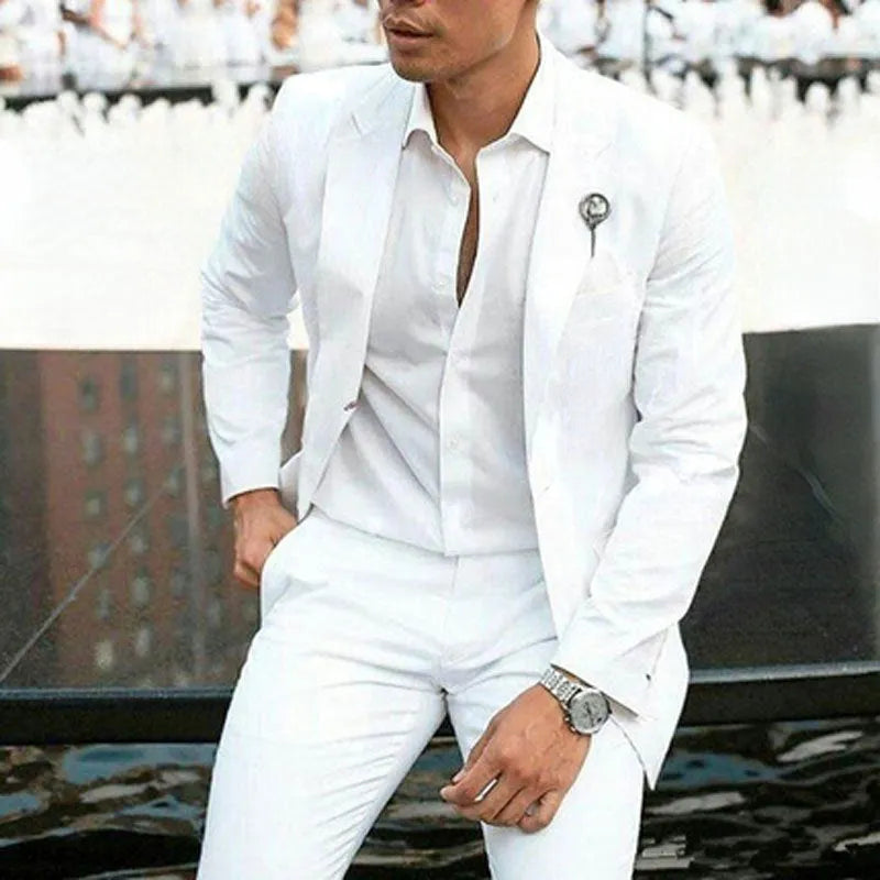 Men's white slim fit two-piece wedding suit with jacket and trousers on hanger