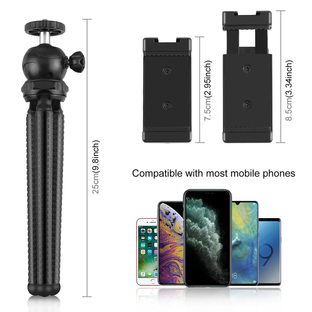Black octopus tripod stand with flexible rubber legs and fill light for iPhone