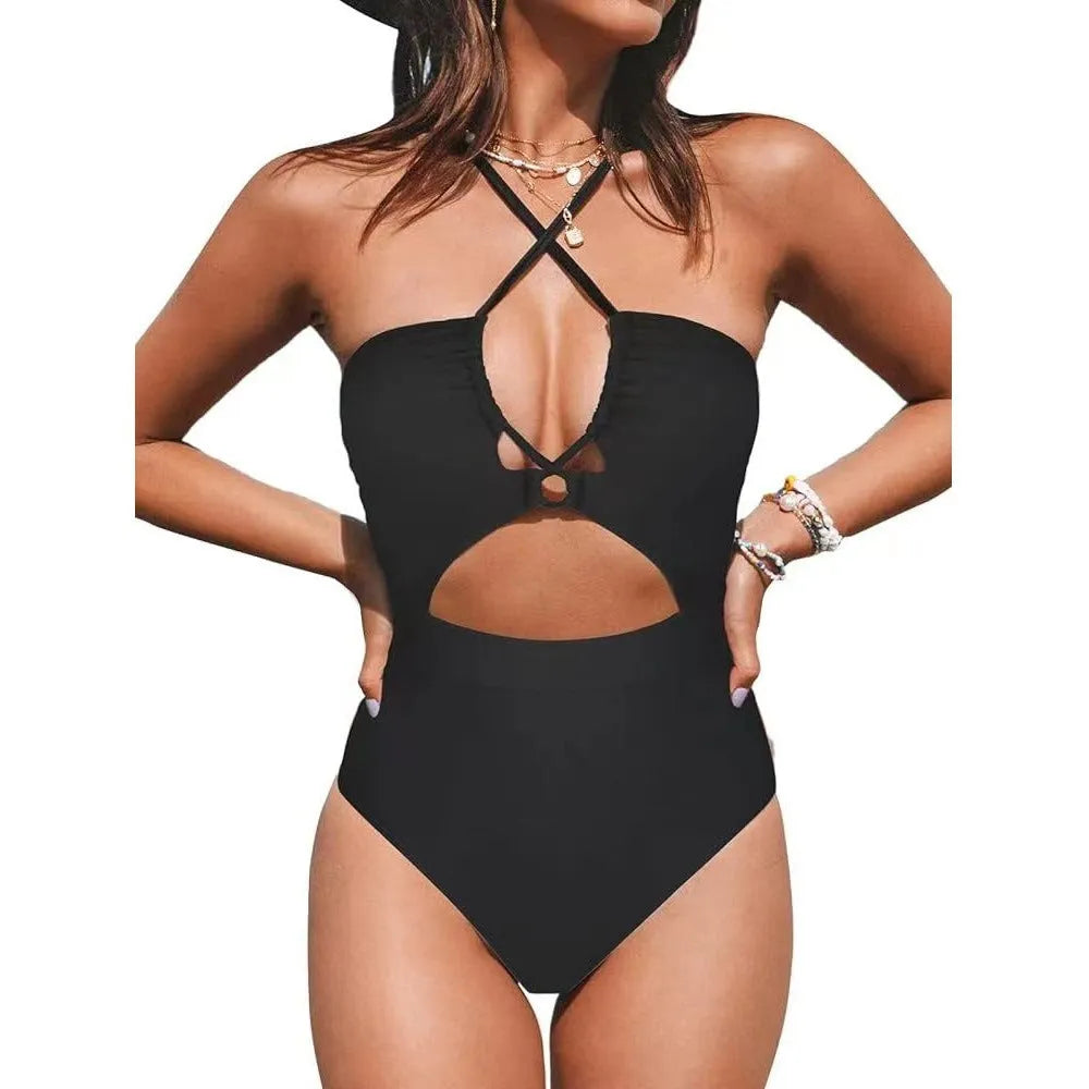 Women's solid colour one-piece swimsuit in black, wine red or peacock blue with backless design