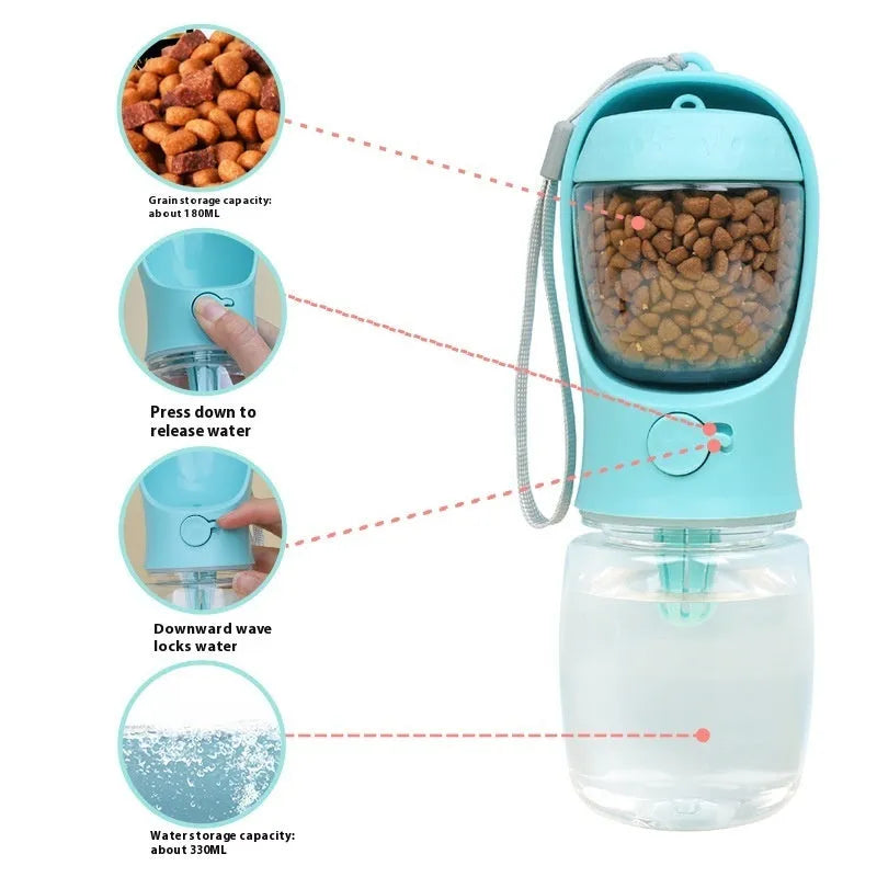 Blue portable plastic dog water cup with attached drinking bowl for outdoor use
