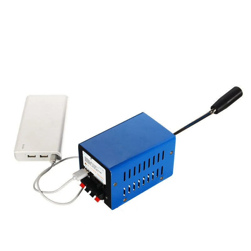 Blue metal hand crank emergency USB power generator with voltage selector and non-slip base