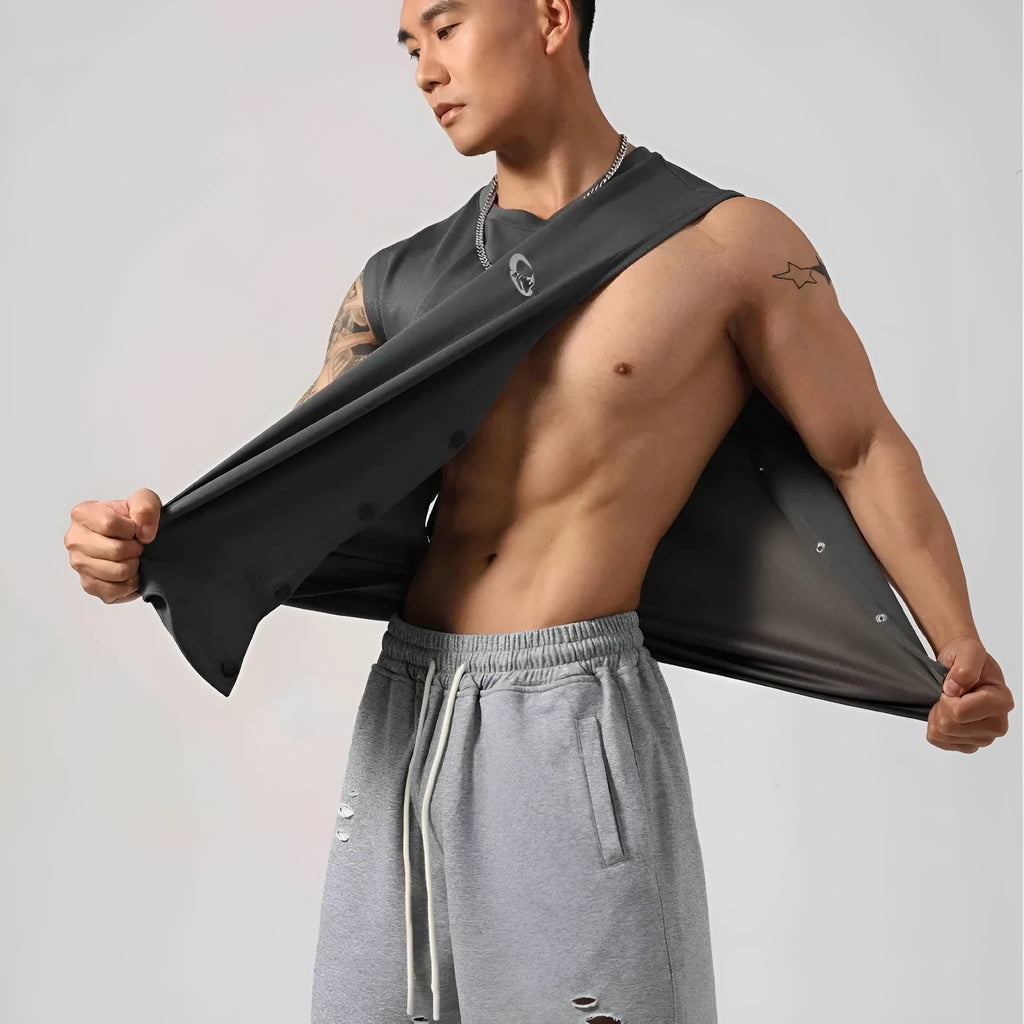 Korean style men's cotton fitness vest with hidden hook side openings in solid colours