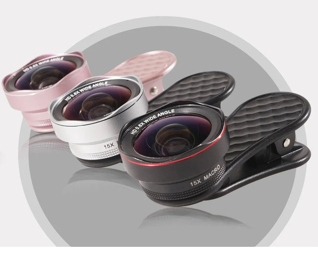 Smartphone external lens kit with wide-angle and macro lenses in black silver rose gold colours