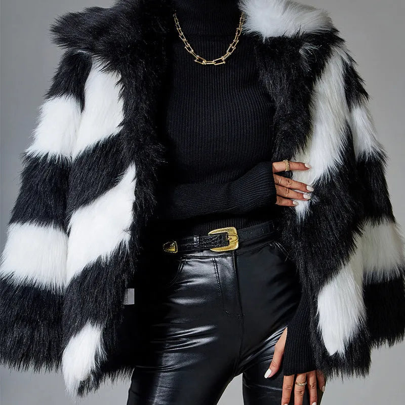 Faux fur coat with contrast lapel and fur collar in normal 50cm length