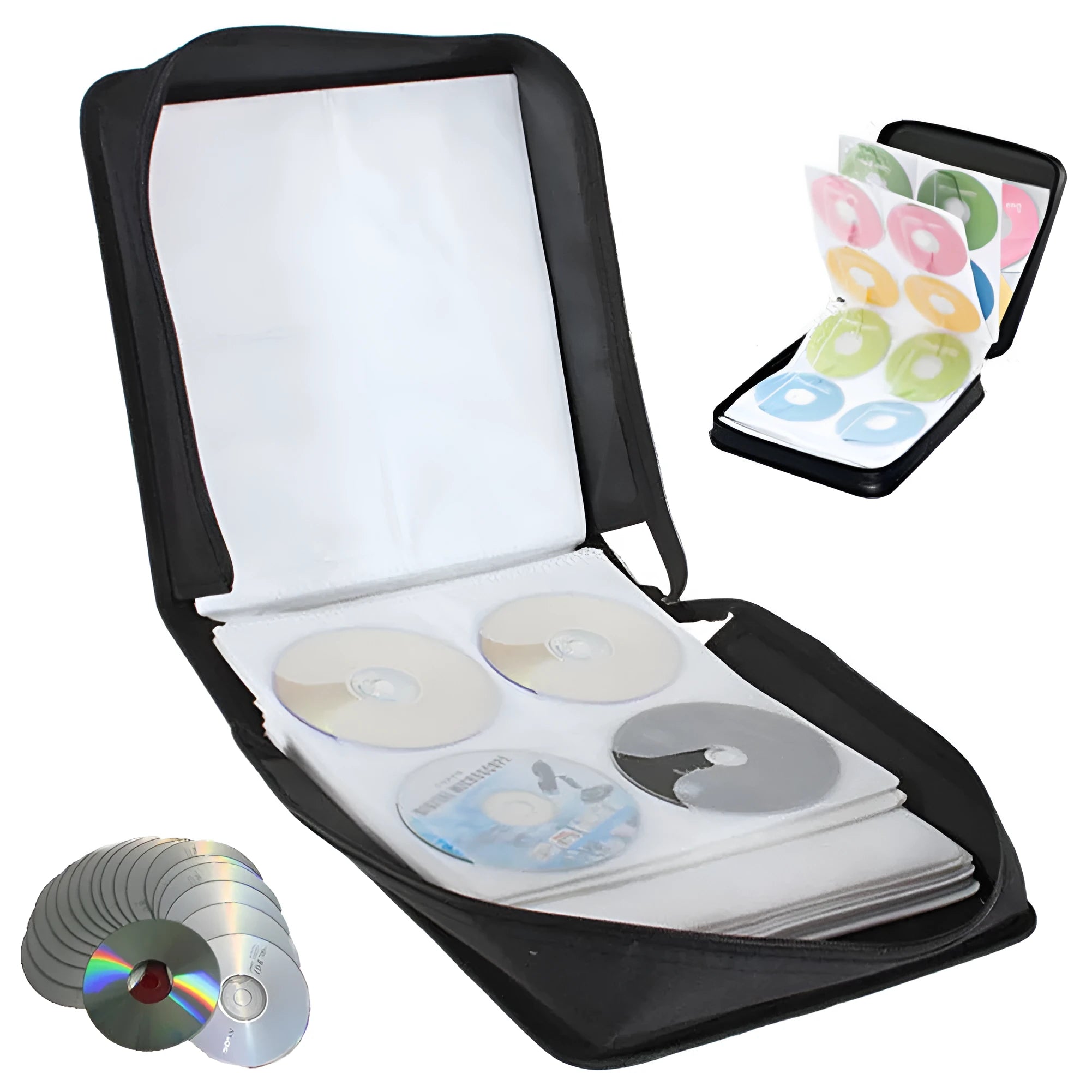 Black Oxford fabric CD and DVD storage binder with a zipper and top carry strap, open to show disc sleeves.
