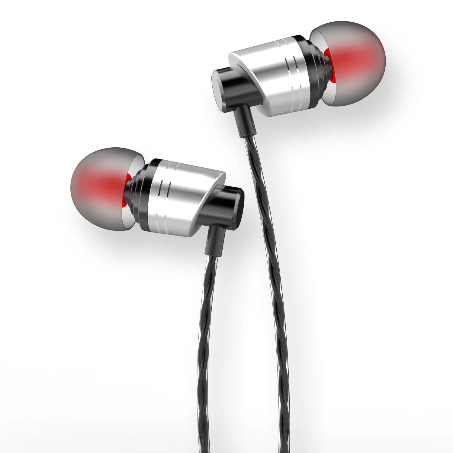 Black wired in-ear headphones with a 3.5mm plug, inline microphone, and silicone ear tips.