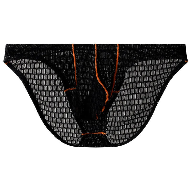 Men's low waist ice silk and lace briefs in rose red colour on a white background