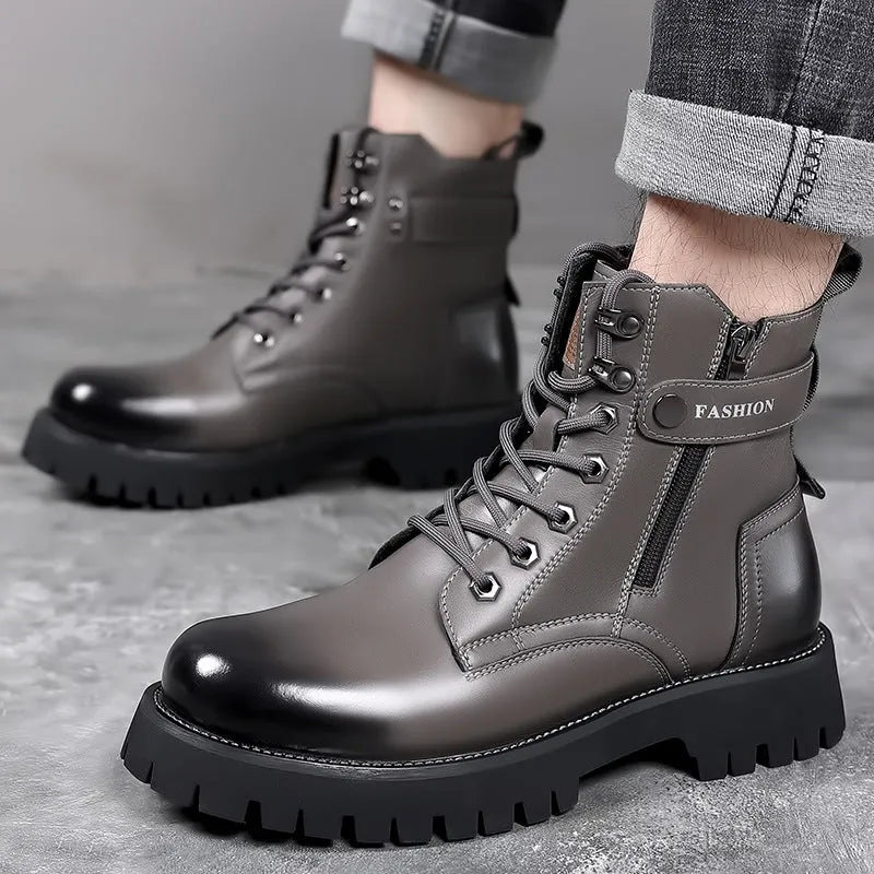 Men's light brown Martin boots with thick rubber sole and side zipper closure