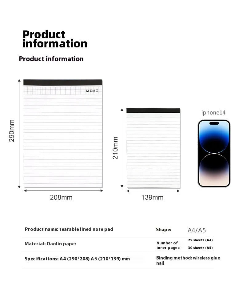 A4 tearable grid notebook with ivory white pages and adhesive binding, shown in open position