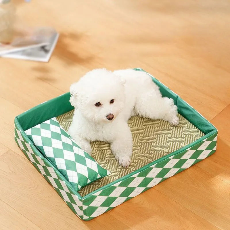Blue rattan-textured cat litter mat and bed next to a litter tray