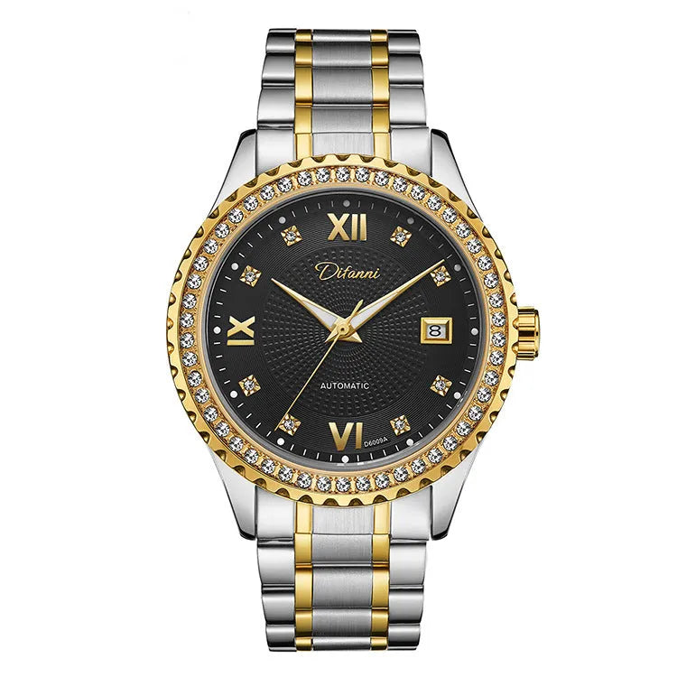 Men's waterproof automatic mechanical watch with gold case and black dial showing luminous elements