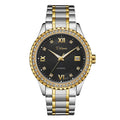 Men's waterproof automatic mechanical watch with gold case and black dial showing luminous elements