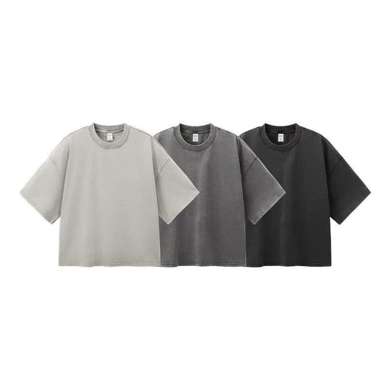 Men's vintage washed cotton T-shirt with loose fit and drop-shoulder sleeves