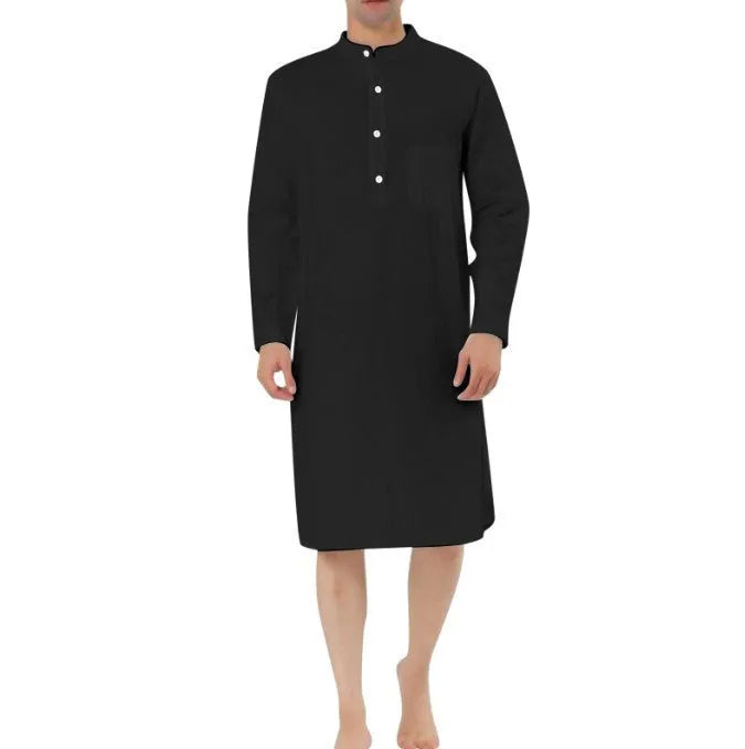 Men's cotton shirt robe in a shirt style with two front pockets, shown in one of nine available colours.