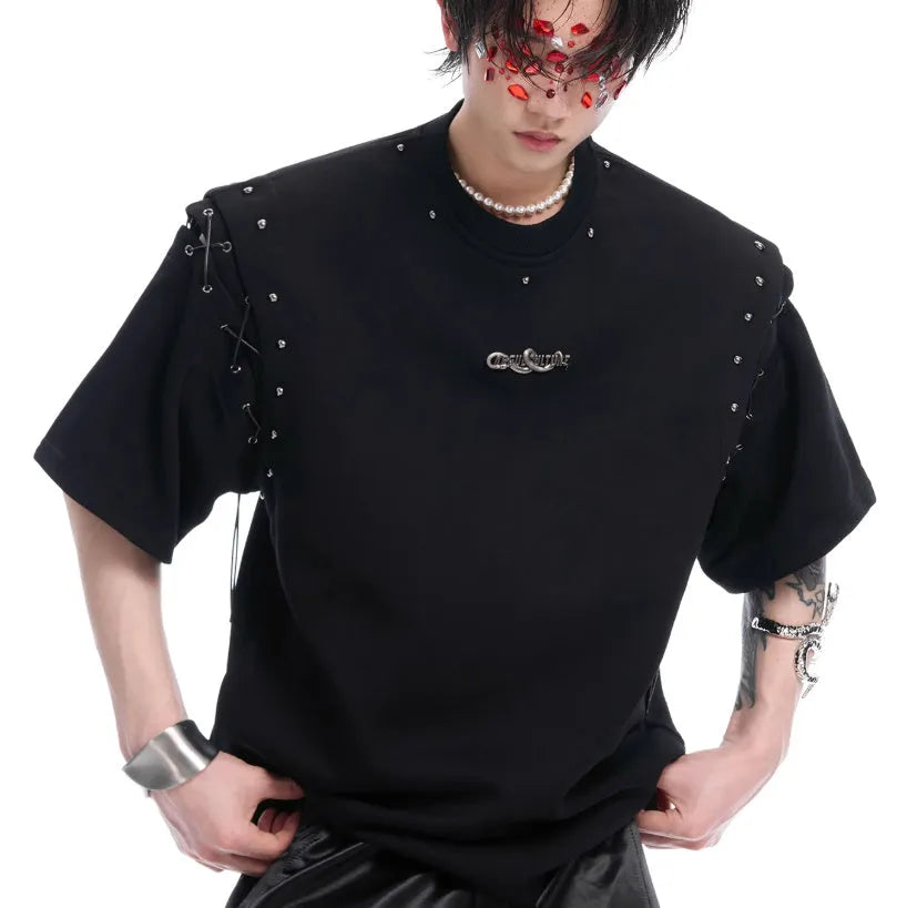 Deconstruction lace-up cutout short sleeve t-shirt in Black or White cotton-polyester blend