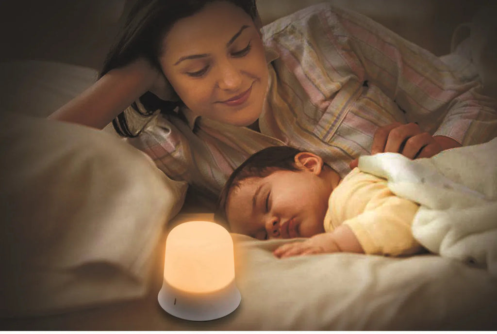 White bedside night light with touch controls, motion sensor, and compact 93mm x 110mm design