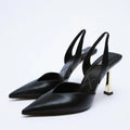 Women's pointed patent leather high heels in nude apricot colour with shallow cut design