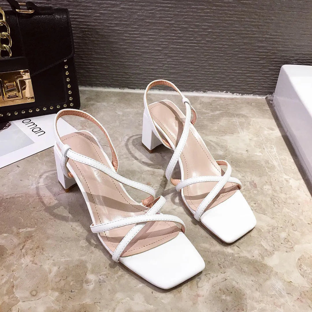 Women's thick heel sandals with super high heels over 8cm in apricot colour showing one-strap mule design