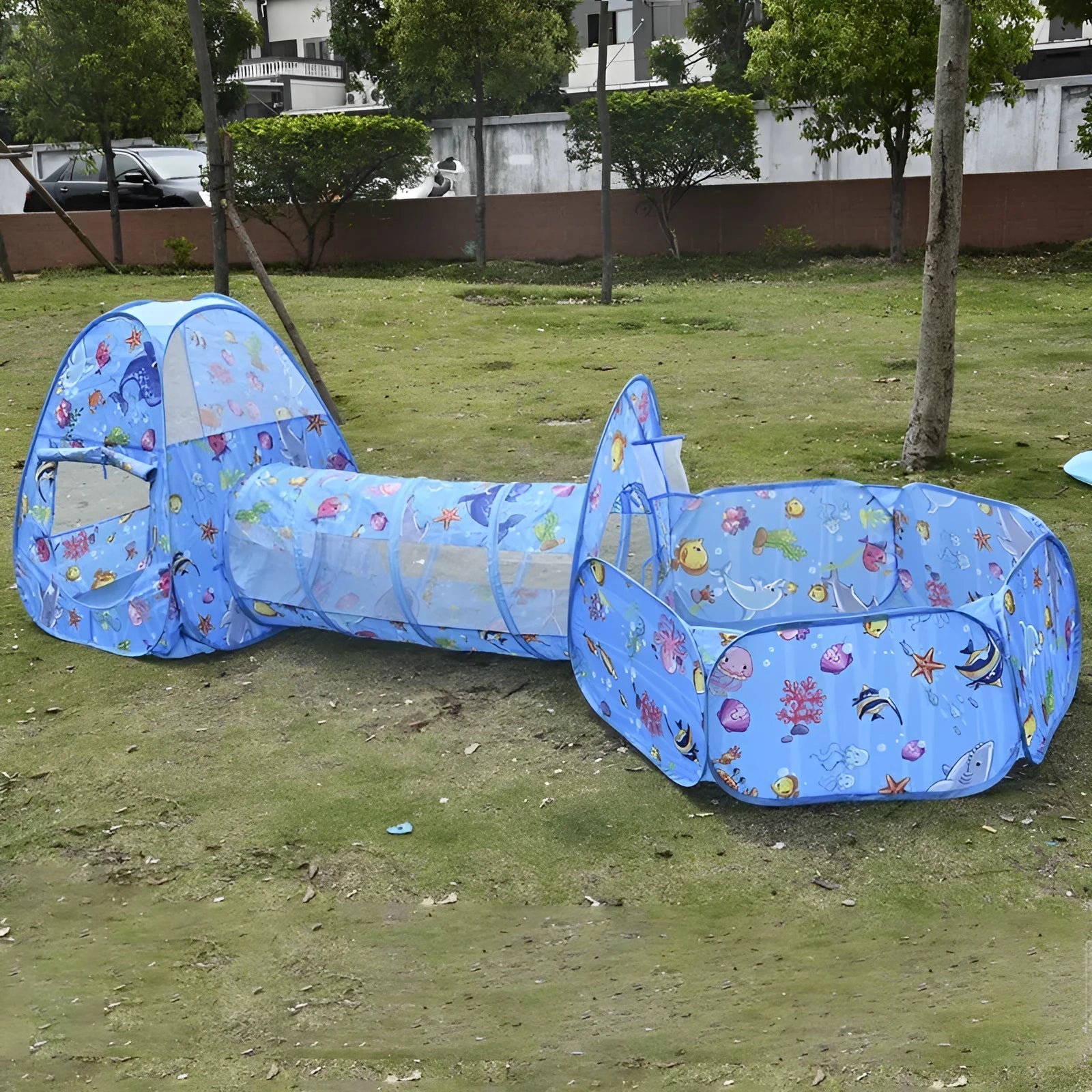 Marine cartoon themed three-in-one children's play tent set with ball pool and tunnel