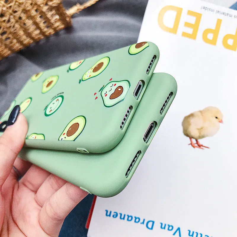 Avocado cartoon design on a soft TPU back cover case for Apple iPhone.