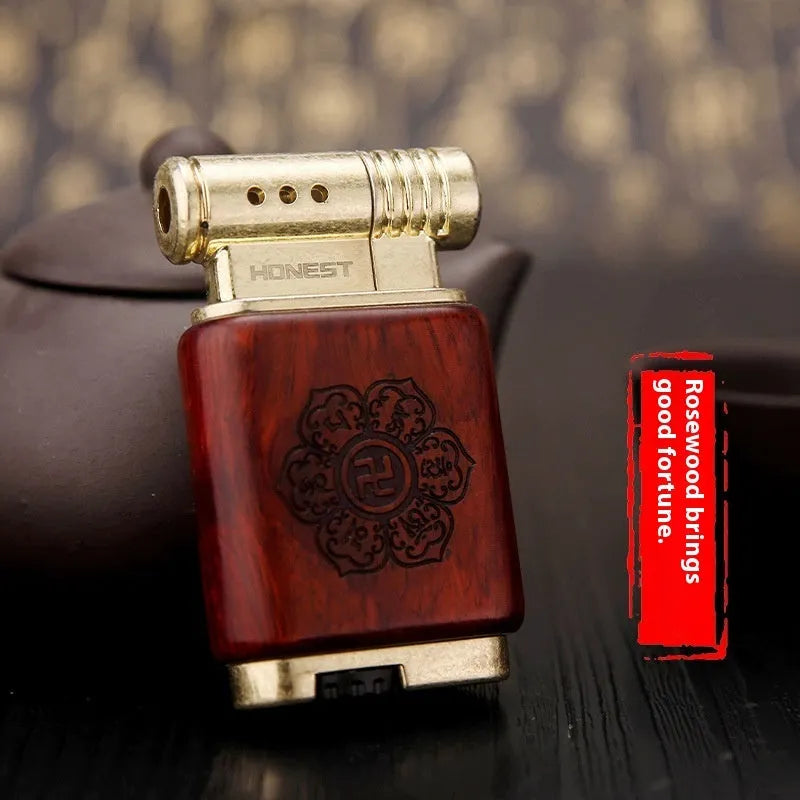Ebony gas lighter with decorative wood finish in metal construction