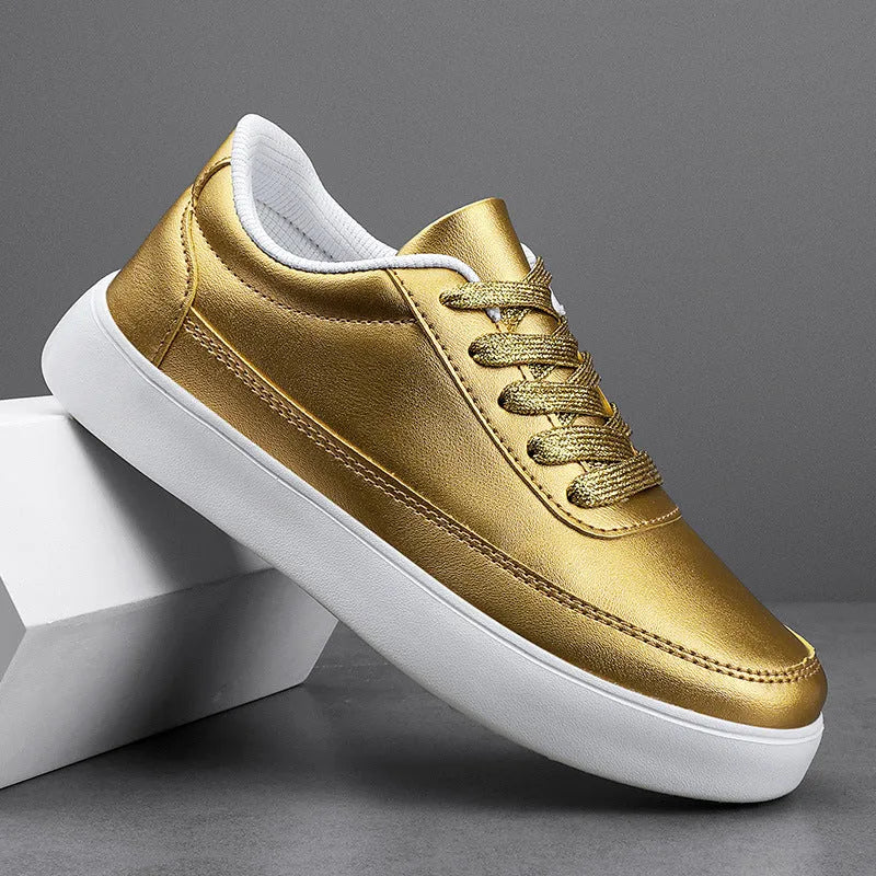 Women's white leather flat casual lace-up shoes on a neutral background.