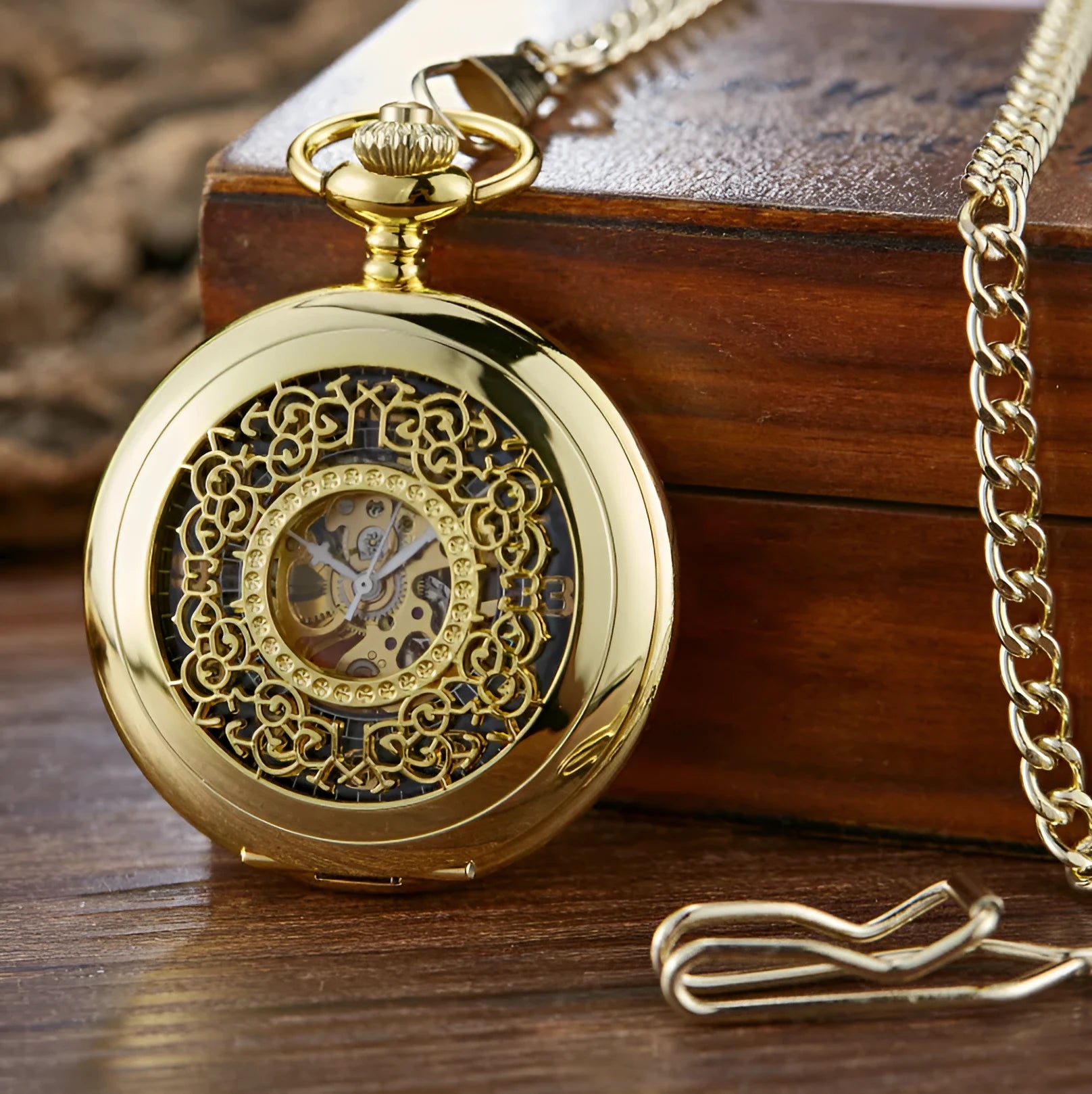 Retro automatic mechanical pocket watch with floral print dial and transparent case back in alloy construction