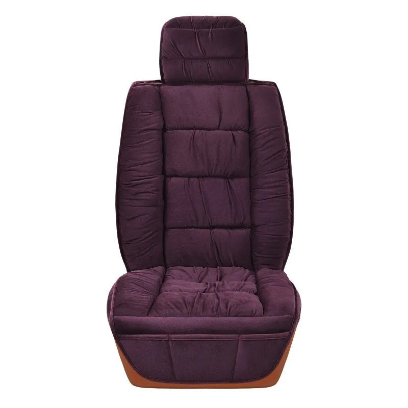 Winter plush car seat cushion showing all-inclusive design on car seat
