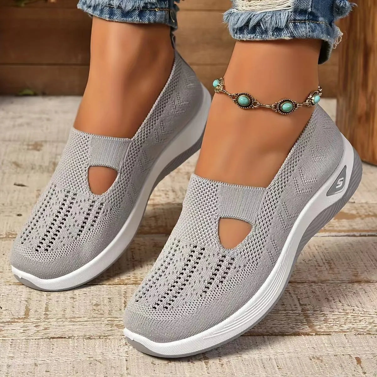 Casual low-top mesh shoes with a soft PVC sole and a T-shaped shoulder strap, shown in various colours.