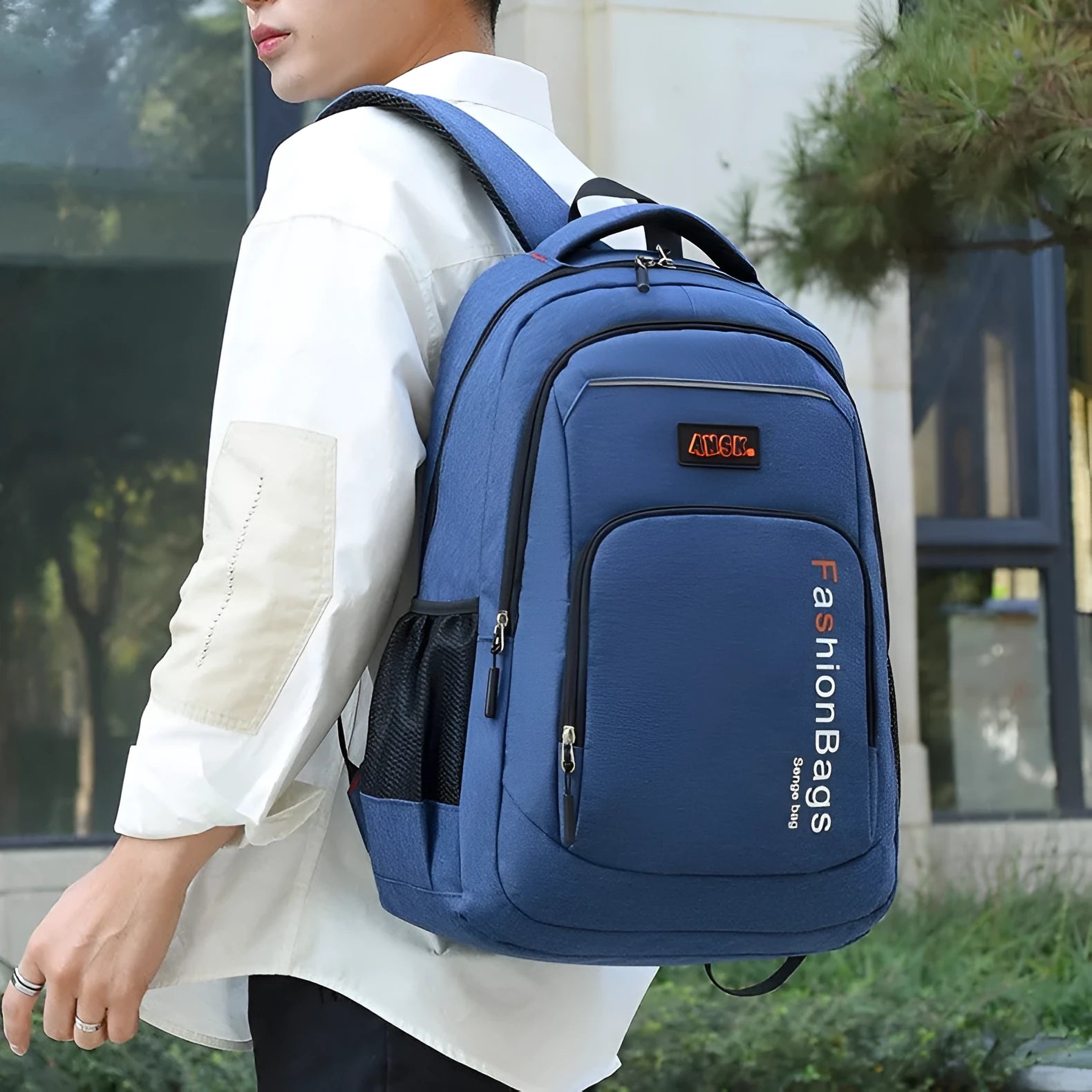Nylon backpack in four colour options showing multiple compartments including laptop sleeve and breathable shoulder straps