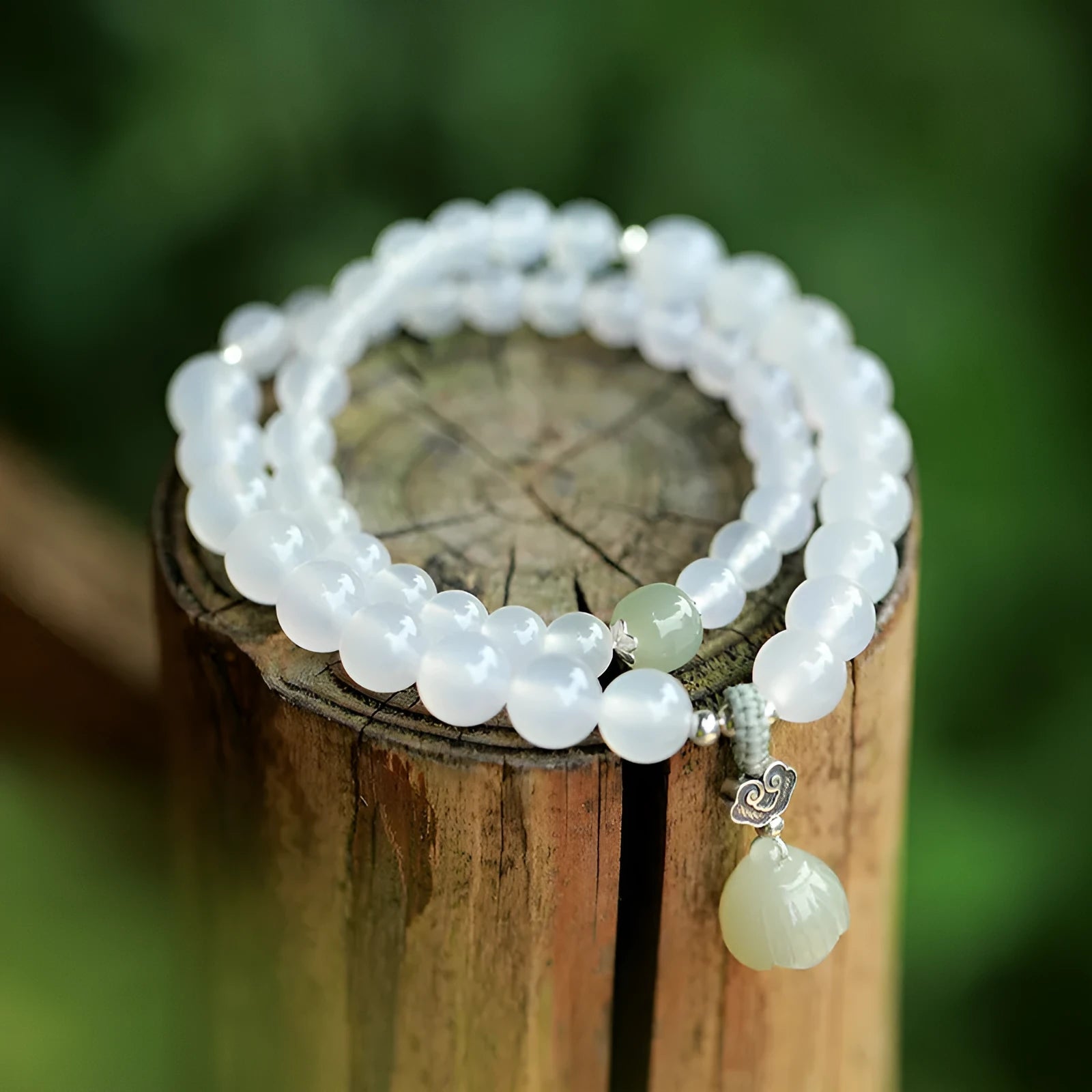 S925 sterling silver bracelet with white agate and Hetian jade beads, geometric national style design