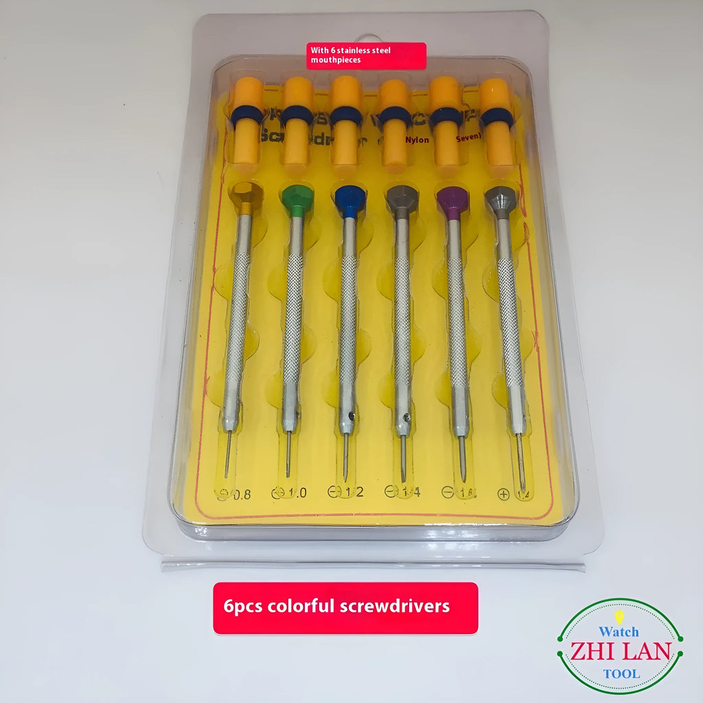 6-piece colour-coded watch repair screwdriver set with aluminium handles for meter and children's watch maintenance.