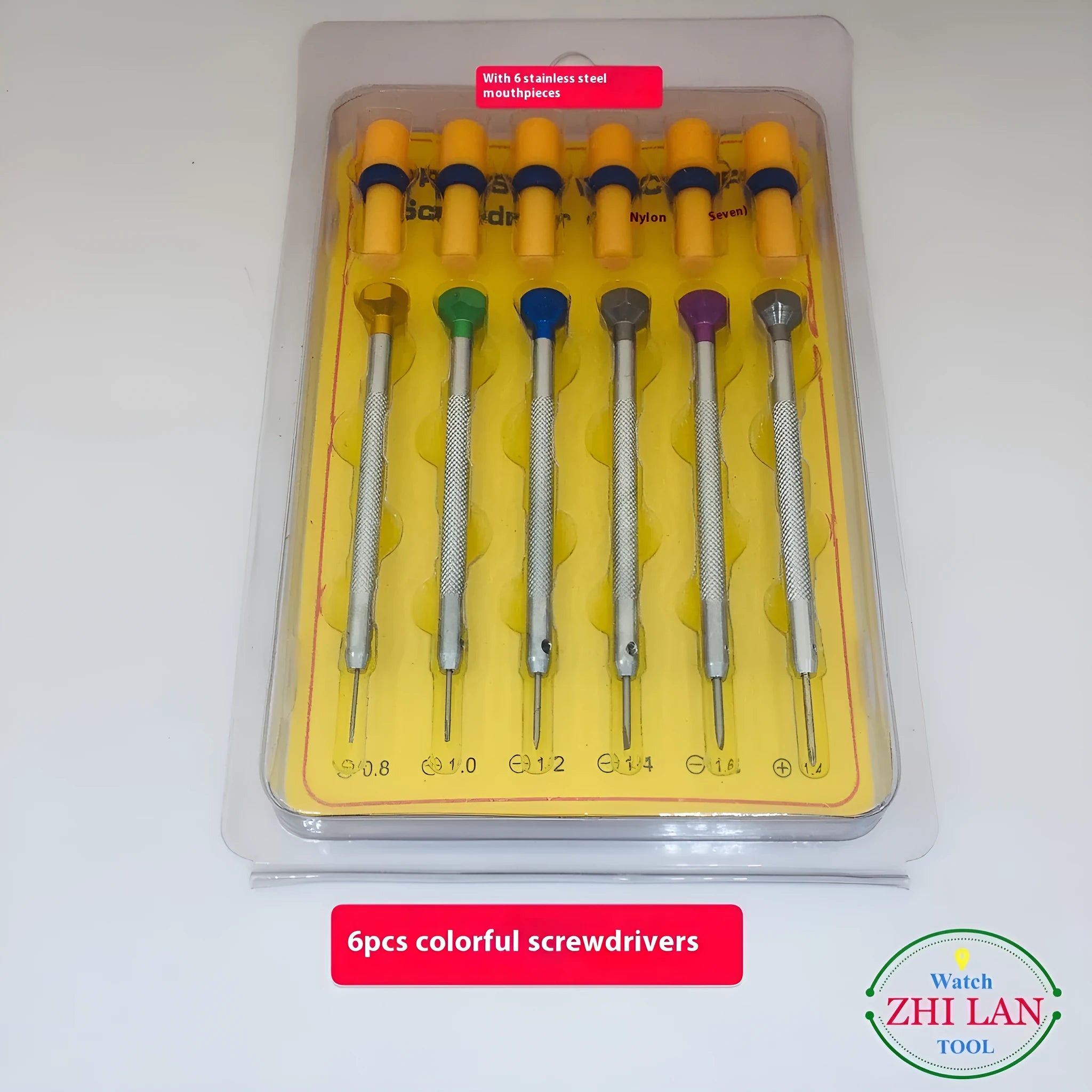 6-piece colour-coded watch repair screwdriver set with aluminium handles for meter and children's watch maintenance.