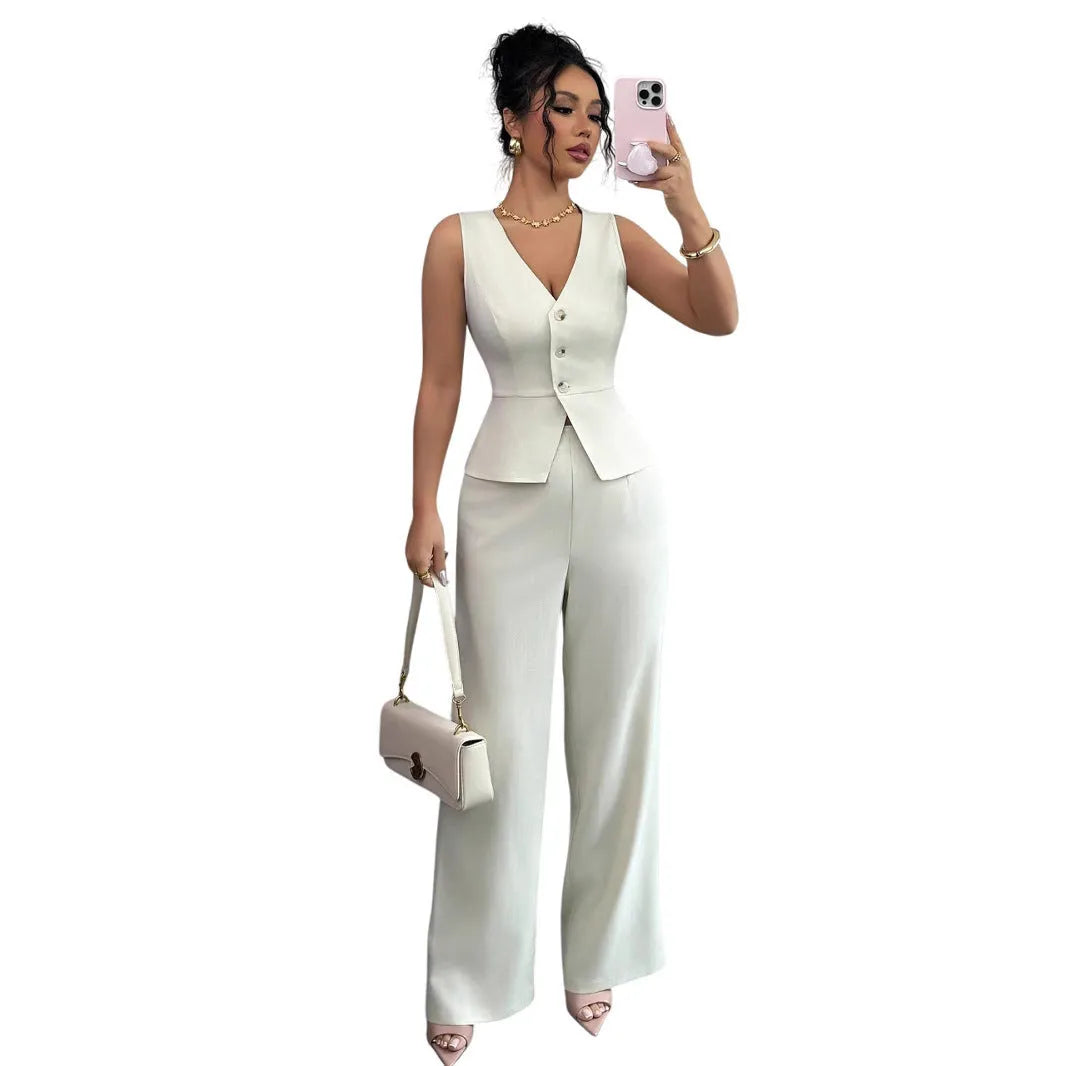 Women's solid colour sleeveless vest and high-waist trousers two-piece set in casual style