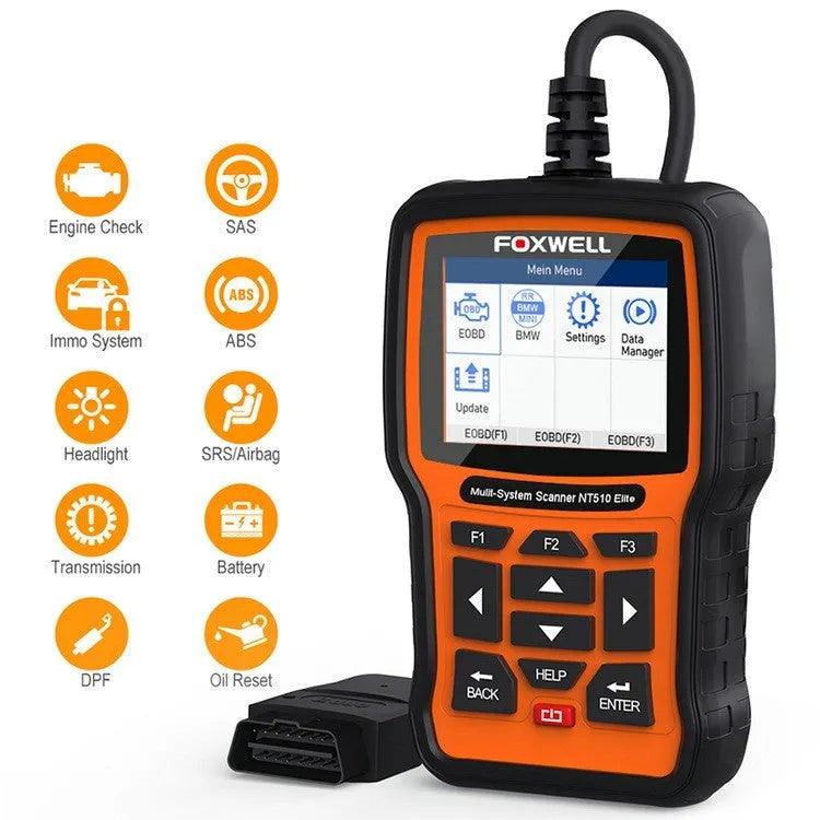 Foxwell NT510 orange and black automotive diagnostic tool with OBD2 cable