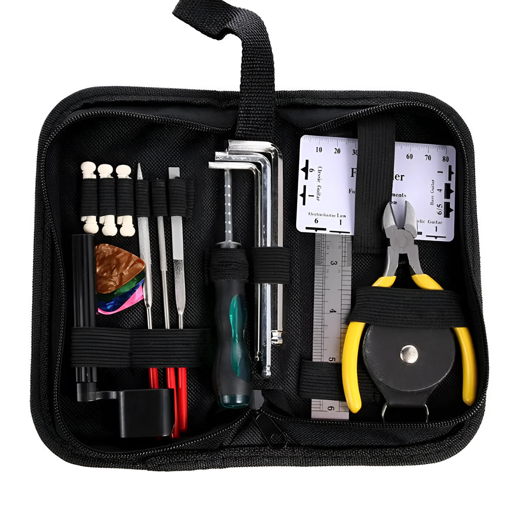 Black plastic and metal guitar repair tool kit with case for instrument maintenance