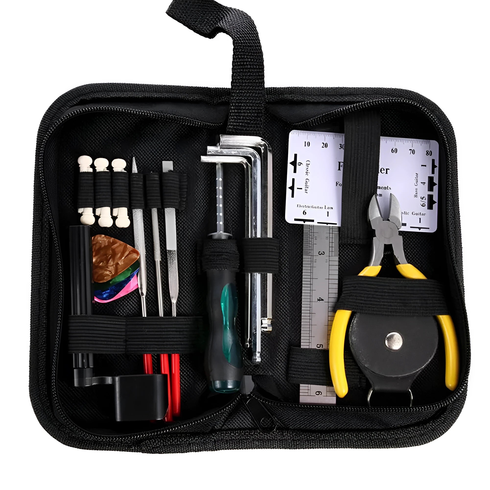 Black plastic and metal guitar repair tool kit with case for instrument maintenance