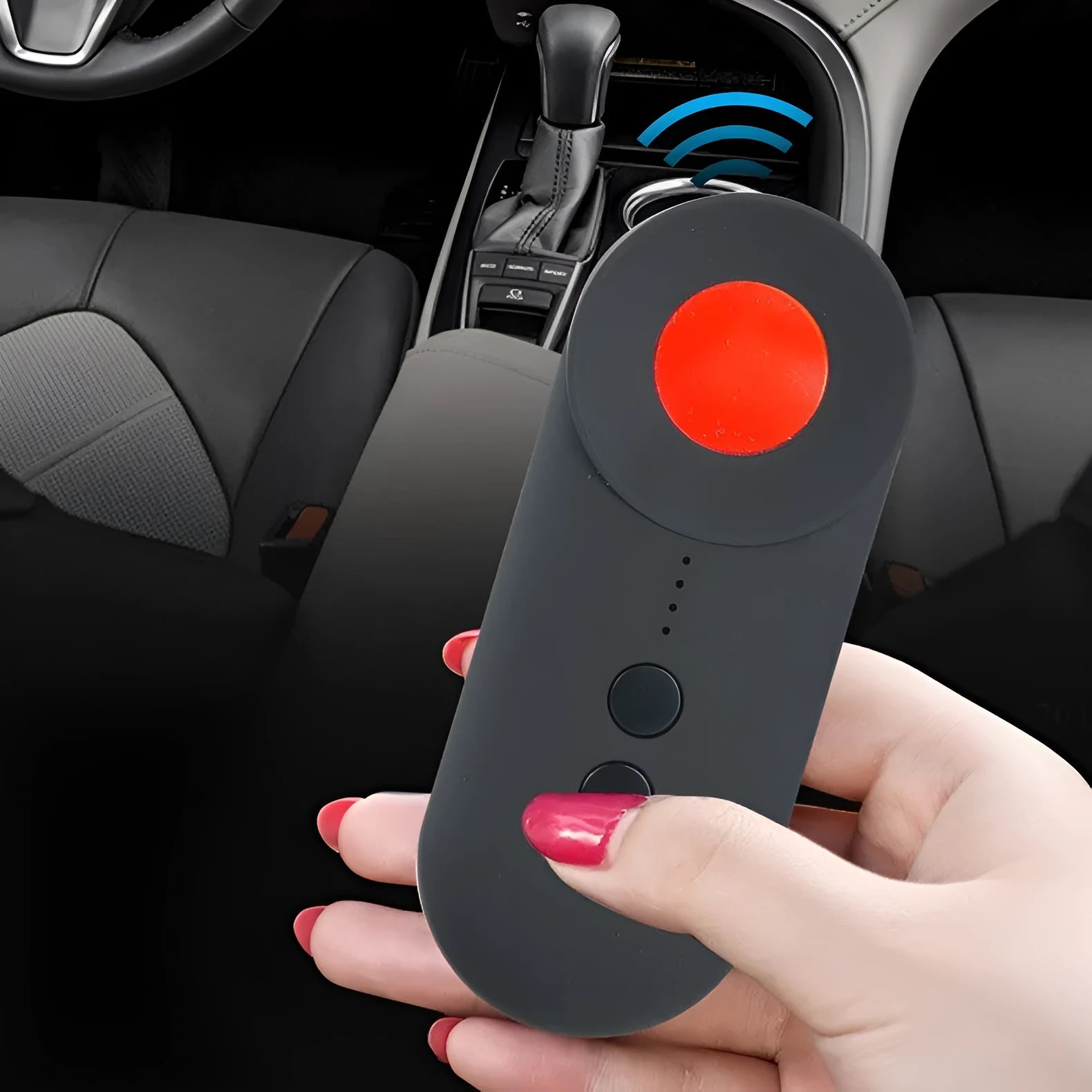 Black handheld GPS and camera detector with display, measuring 93.8mm long, shown with a USB charging cable.