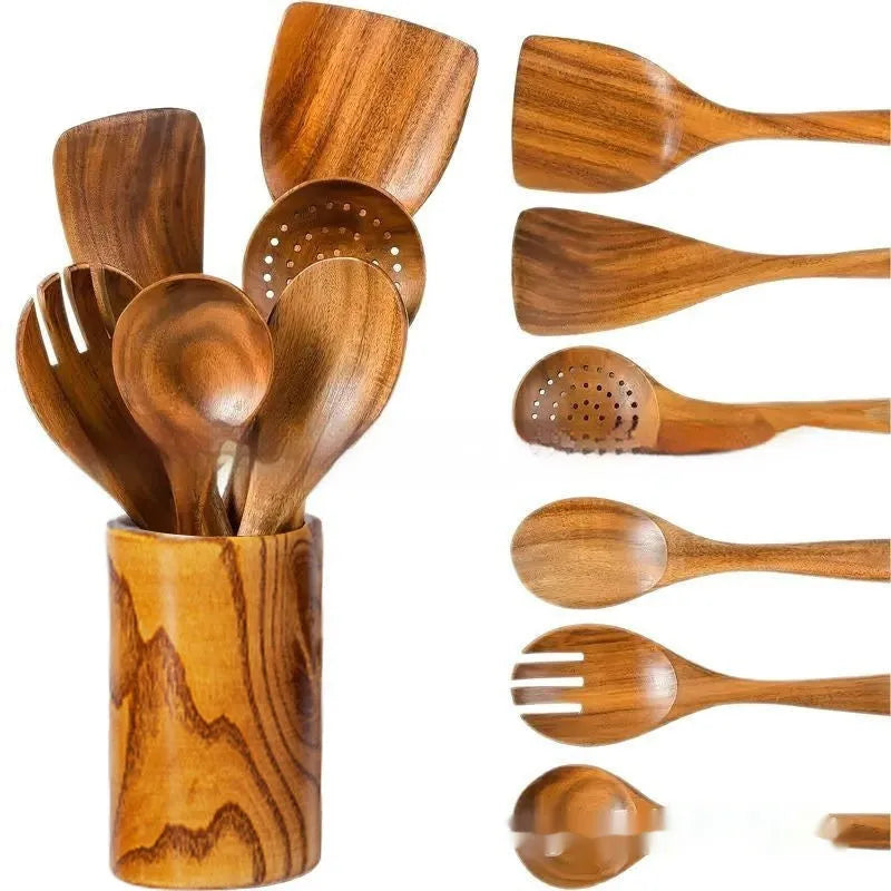 Wooden 7-piece kitchen utensil set with spoons and spatula in natural finish