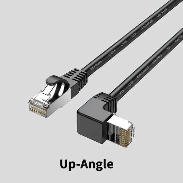 Cat6 Ethernet cable with right-angle RJ45 connector in multiple colour options including black, white, and red