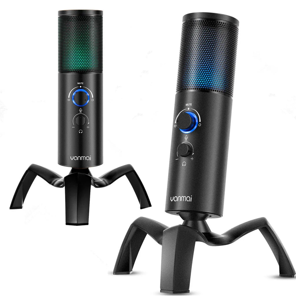 Black Q18 condenser microphone with RGB lighting on an adjustable metal tripod