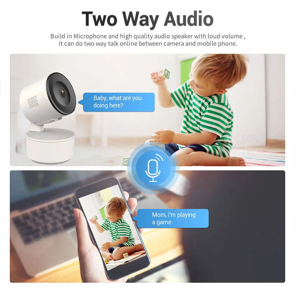 White indoor Wi‑Fi security camera with lens, shown on a desktop with power adapter