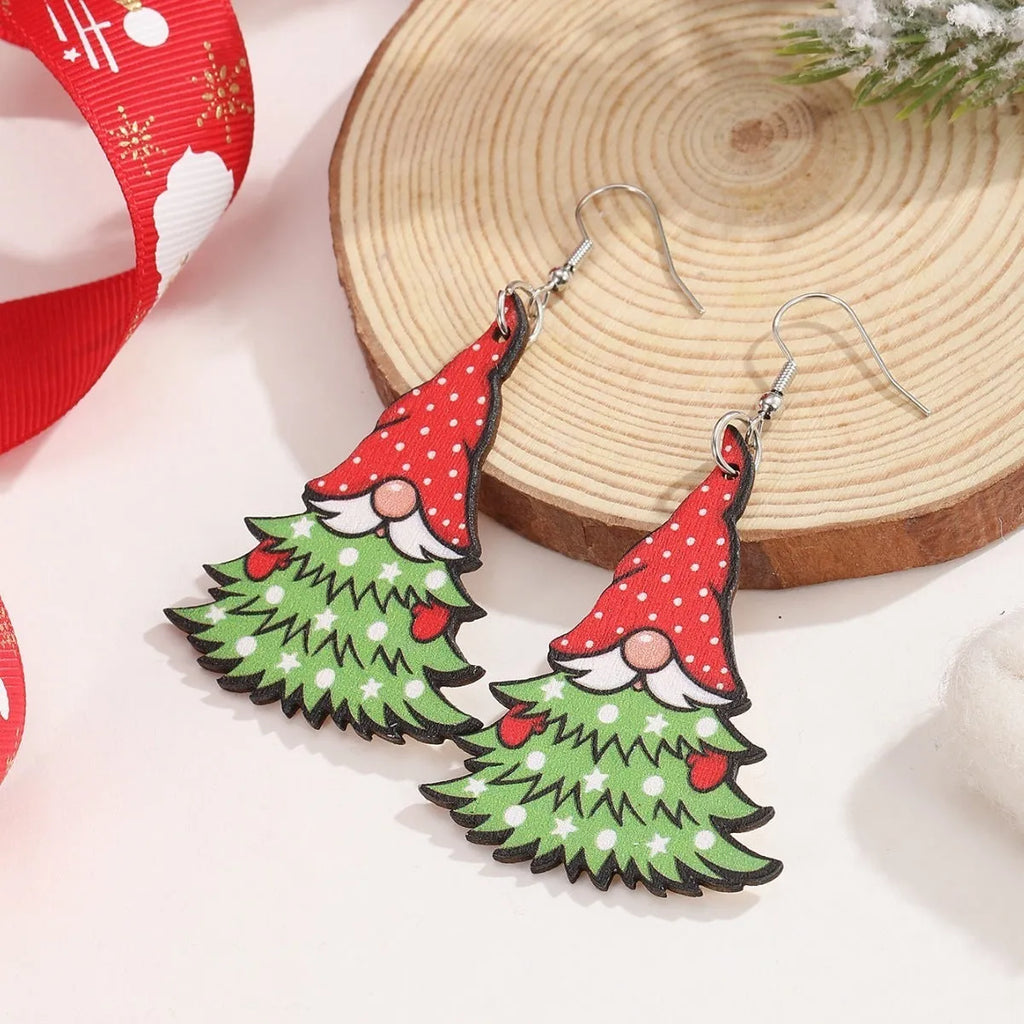 Women's wooden Christmas earrings with geometric shapes and printed Santa Claus designs