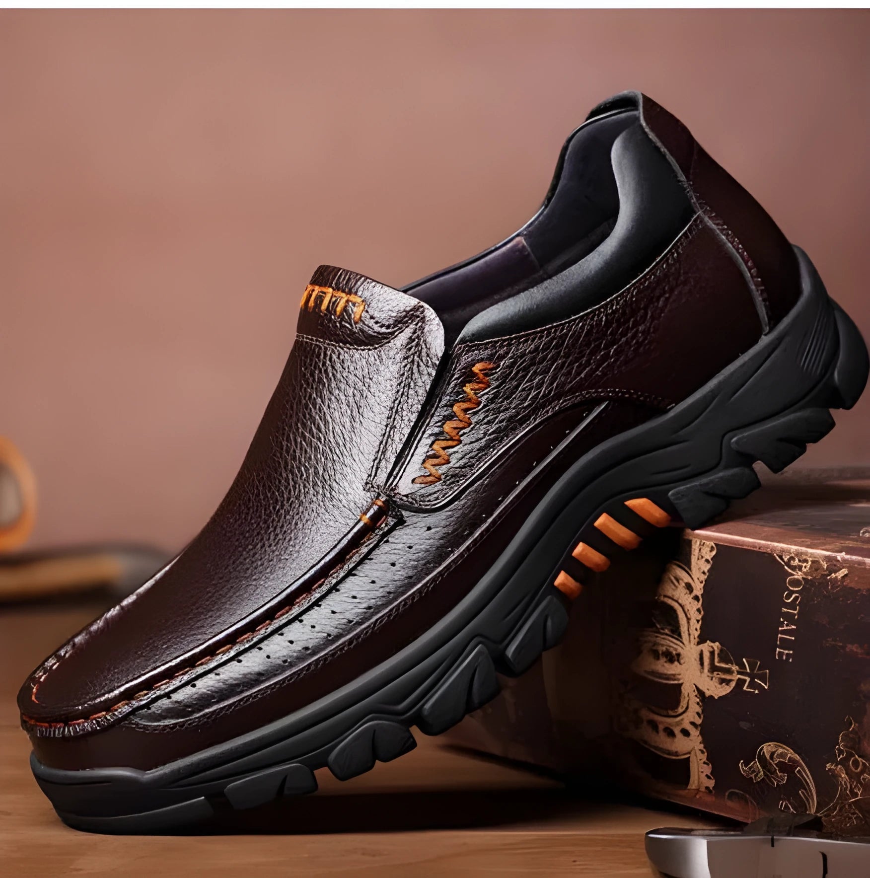 Men's black and brown business casual slip-on shoes made from soft cowhide leather with rubber soles.