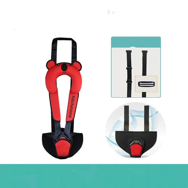 Portable child car seat belt retainer in red polyester fabric, showing seat dimensions.