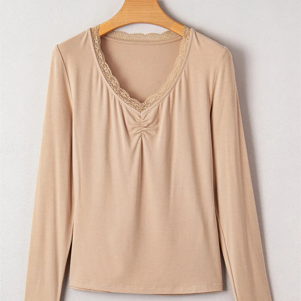 Women's solid colour casual top with lace trim and long sleeves in slim fit