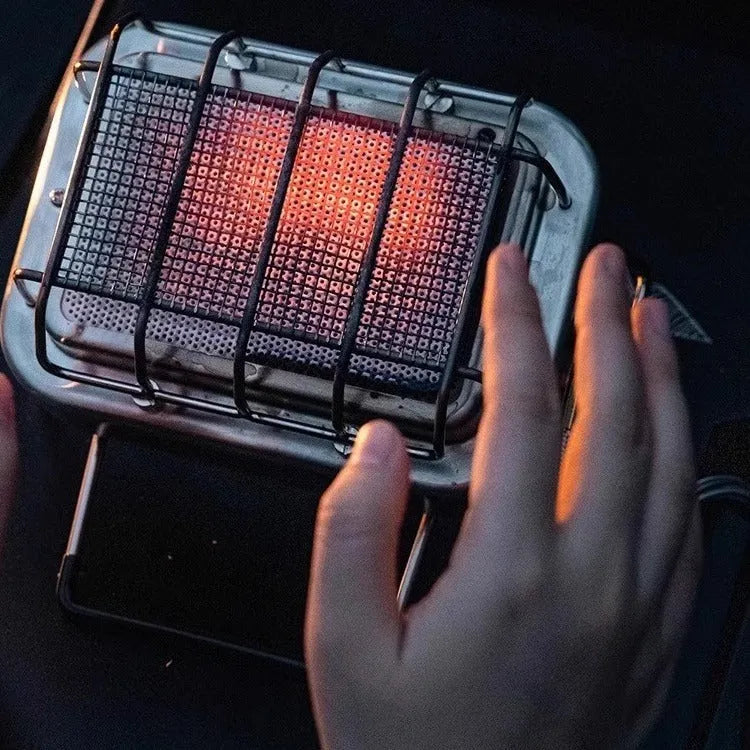Outdoor heating stove showing expanded 180x167x125mm metal construction with voltage regulator