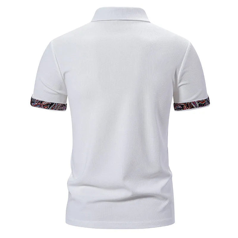 Men's white polo shirt with black colour stitching on turnover neck collar and short sleeves
