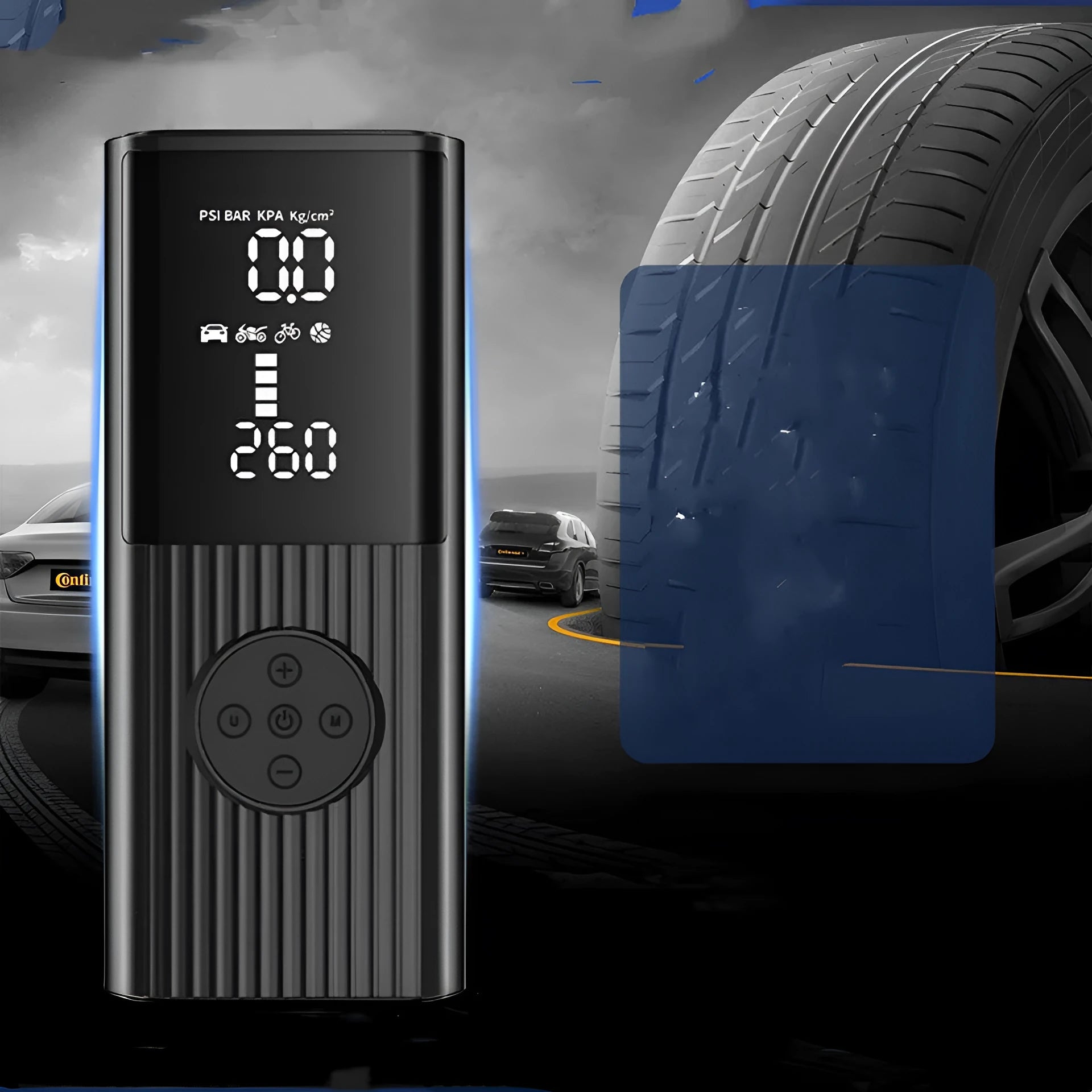 Wireless car tyre air pump with LED light, four nozzles, and storage bag on a grey background.