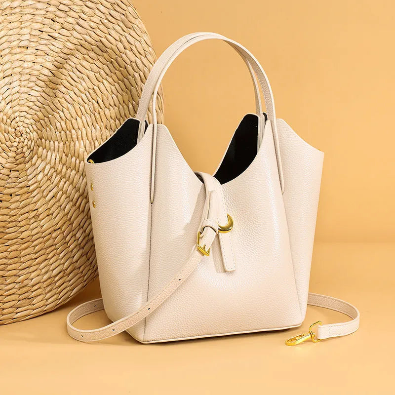 Women's genuine leather bucket handbag in four colours with file compartment and retro sewing details